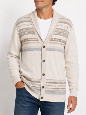 Tasso Elba Mens XL Cardigan Silk Cashmere Cotton Shawl Collar Fair Isle Cream